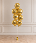 Złoty zestaw urodzinowy Klasa – bukiet 7 złotych balonów chrome z napisem Happy Birthday z helem i złotym ciężarkiem
