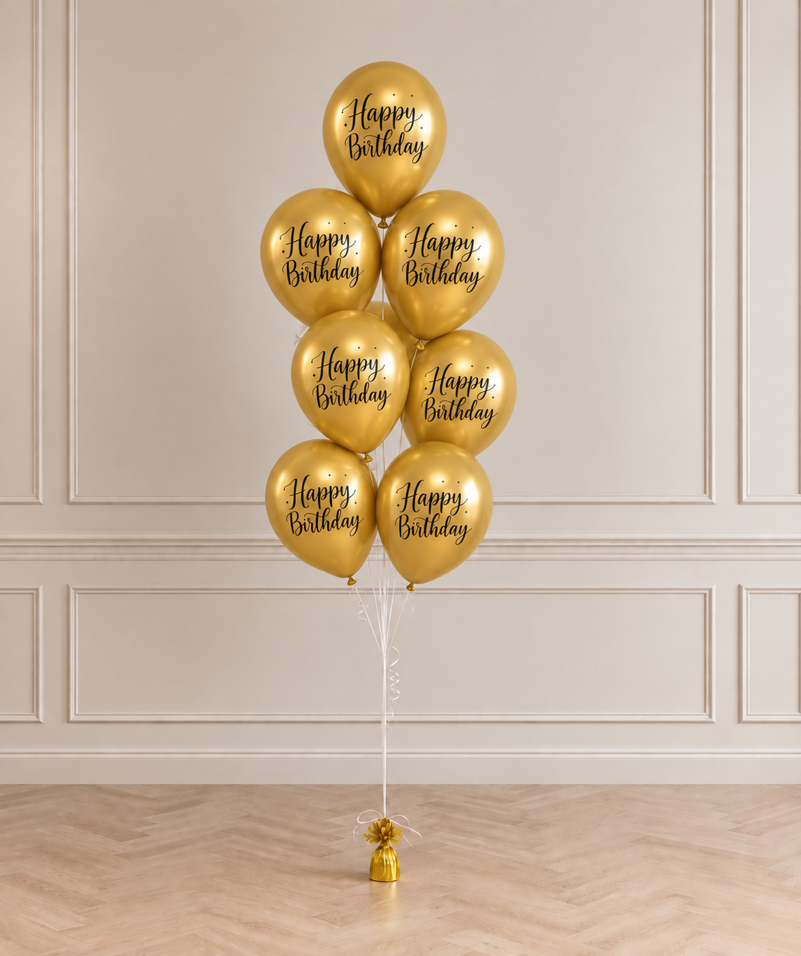 Złoty zestaw urodzinowy Klasa – bukiet 7 złotych balonów chrome z napisem Happy Birthday z helem i złotym ciężarkiem