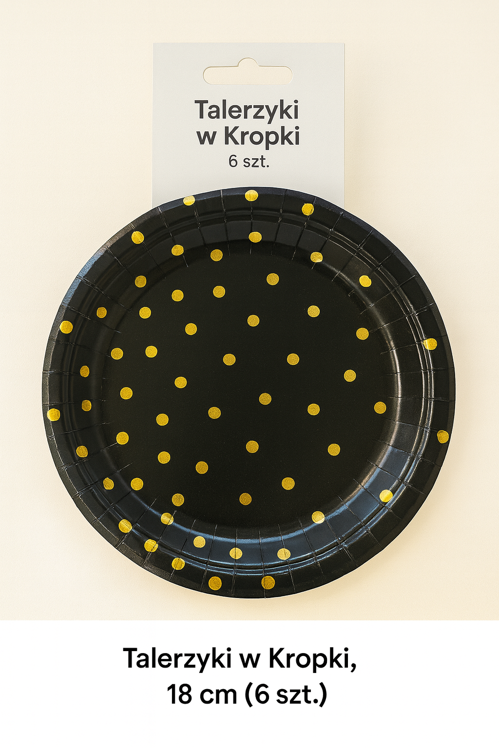 Talerzyki papierowe czarne w złote kropki – 18 cm (6 szt.)