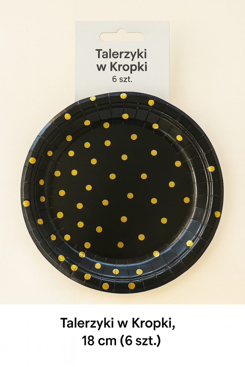 Talerzyki papierowe czarne w złote kropki – 18 cm (6 szt.)