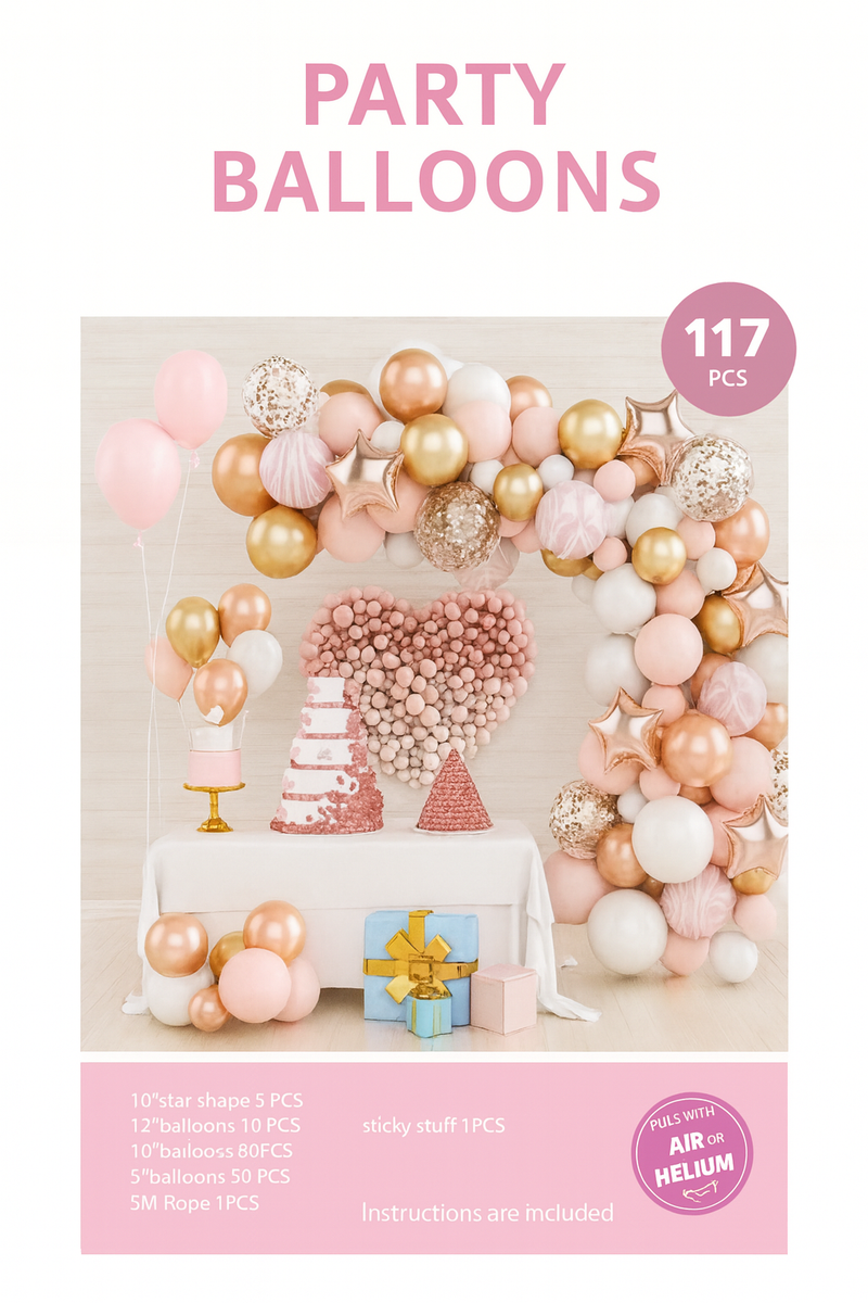 Zestaw Balonowy „Party Balloons” 117 szt. – Różowo-Złoty Łuk Balonowy