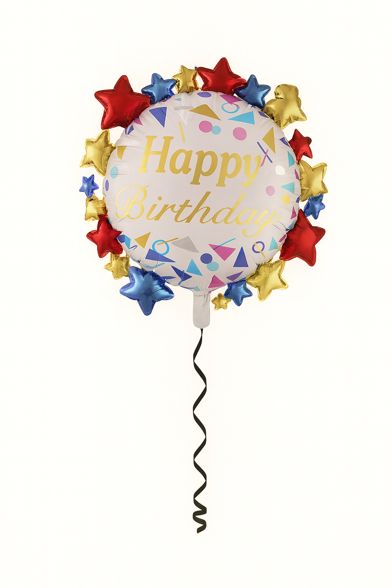 Balon biały z złotym napisem happy birthday i gwiazdkami dokoła 67 cm