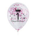 Balon lateksowy z nadrukiem i konfetti 30 cm – 1 Urodziny, różowy Happy Birthday