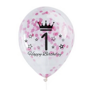 Balon lateksowy z nadrukiem i konfetti 30 cm – 1 Urodziny, różowy Happy Birthday