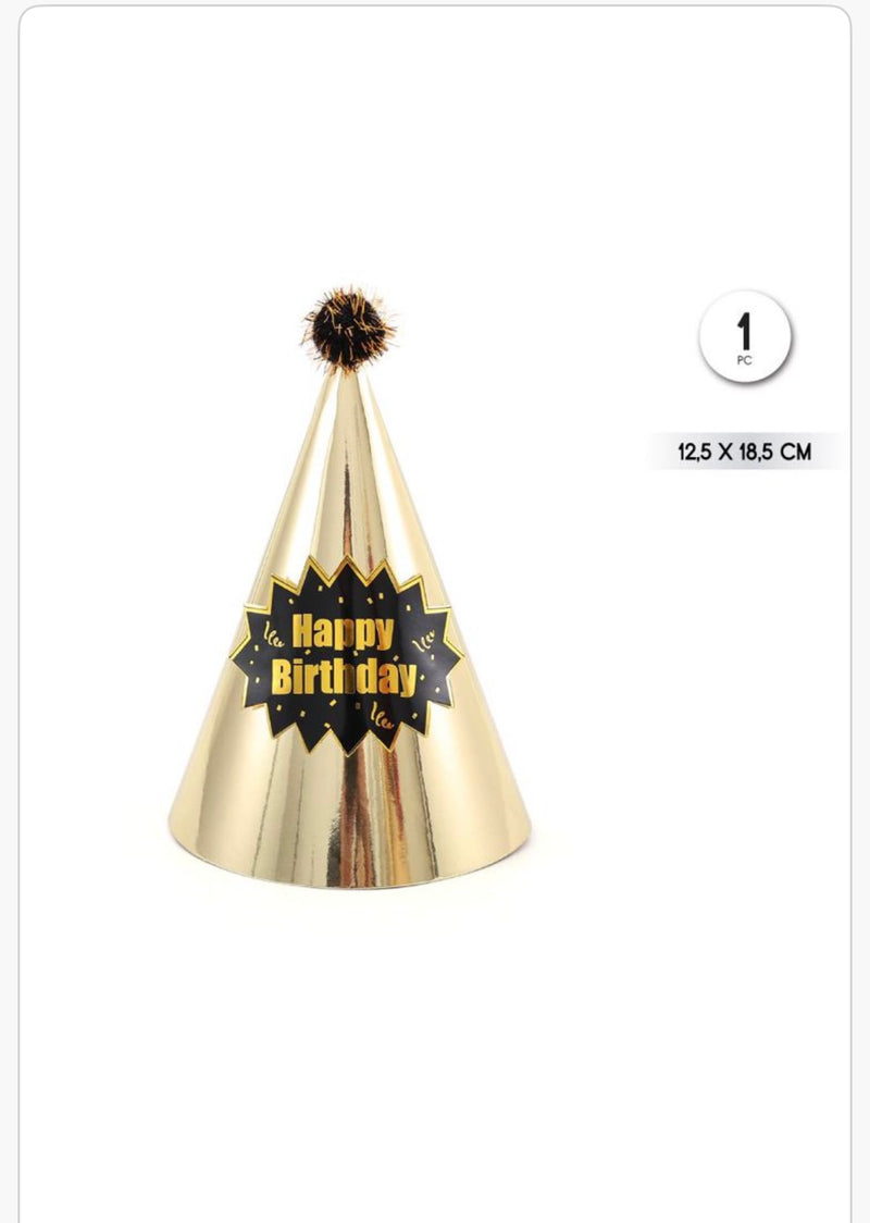 Czapka urodzinowa złota „Happy Birthday” 12,5 × 18,5 cm