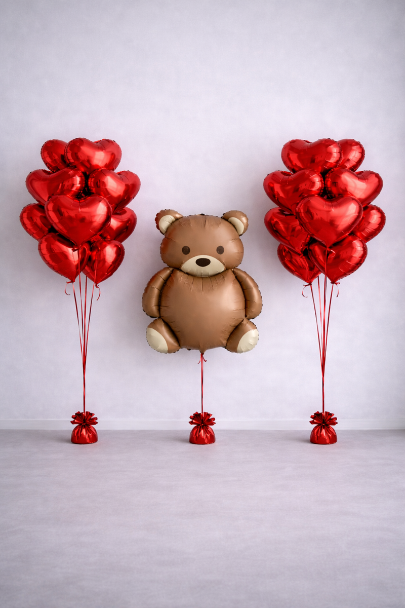 Zestaw balonowy Miś Love 90 cm + 2 bukiety czerwonych serc