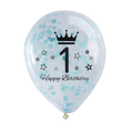 Balon lateksowy z nadrukiem i konfetti 30 cm – 1 Urodziny, niebieski Happy Birth