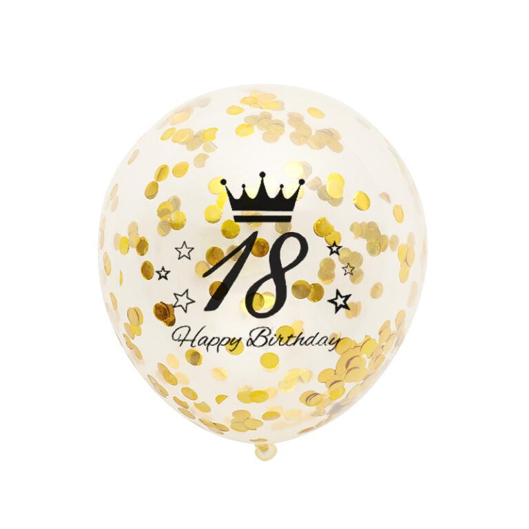 Balon lateksowy z nadrukiem i konfetti 30 cm – 18 Urodziny, złoty Happy Birthday