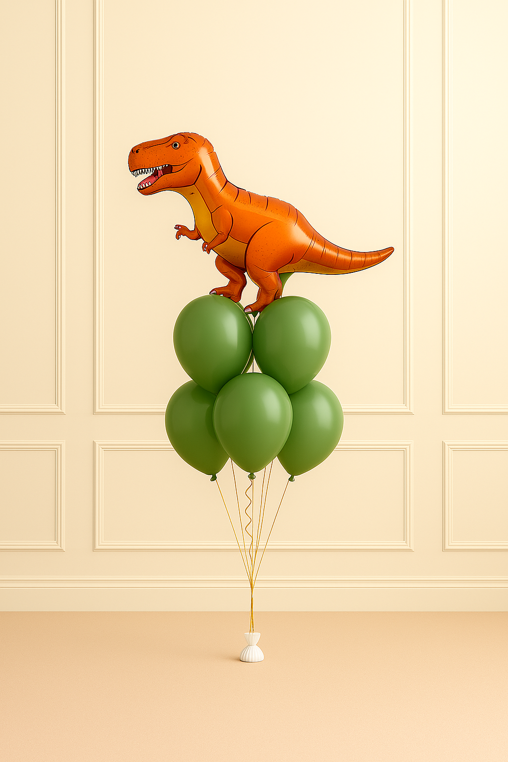 Zestaw balonów Dinozaur T-Rex z helem – pomarańczowy balon foliowy 104 cm i 4 zielone balony lateksowe