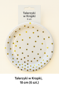 Talerzyki papierowe białe w złote kropki – 18 cm (6 szt.)