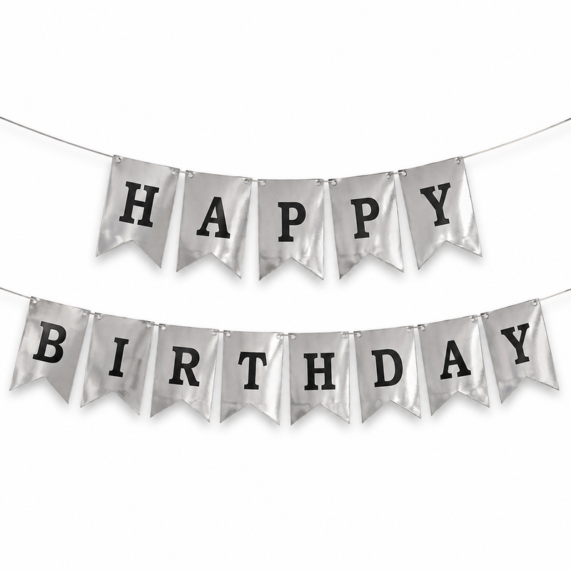Baner srebny Happy Birthday papierowy