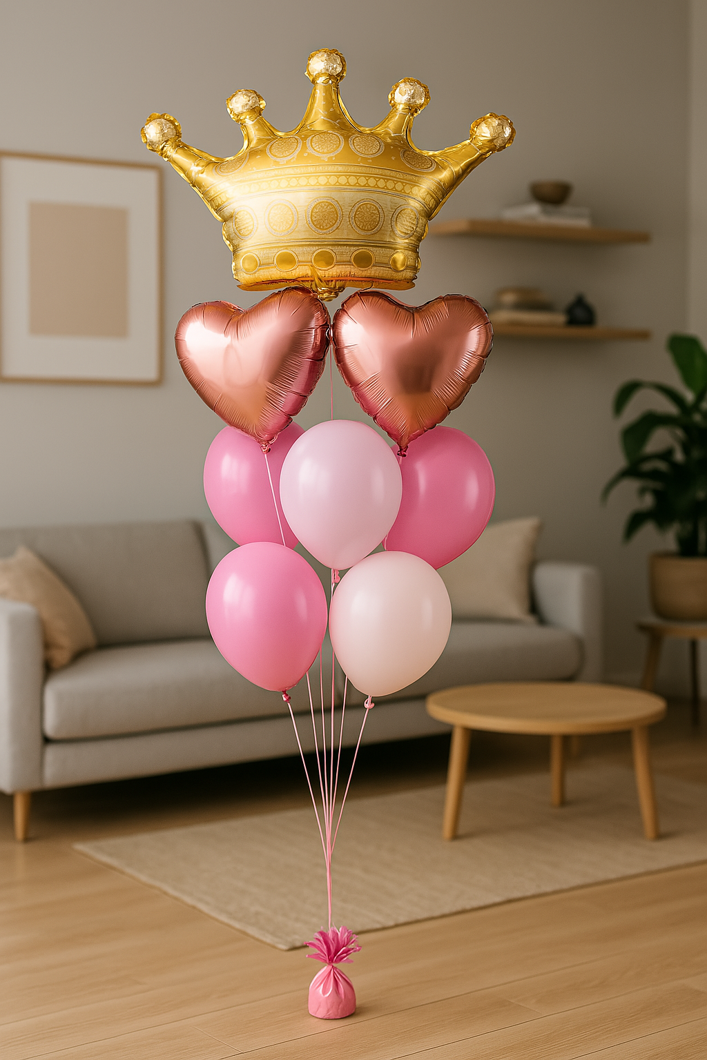 Zestaw balonów Królewskie Serce – złota korona foliowa, dwa różowe serca i różowe balony lateksowe z helem