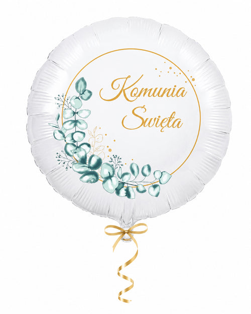 Balon foliowy Komunia Święta 45 cm – biały okrągły balon komunijny