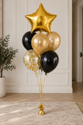 Zestaw balonów Elegancja w złocie – złota gwiazda foliowa, balon z konfetti oraz czarne i złote balony z helem