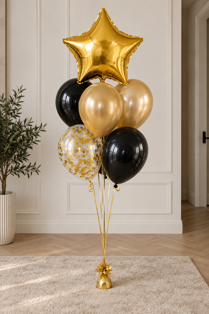 Zestaw balonów Elegancja w złocie – złota gwiazda foliowa, balon z konfetti oraz czarne i złote balony z helem