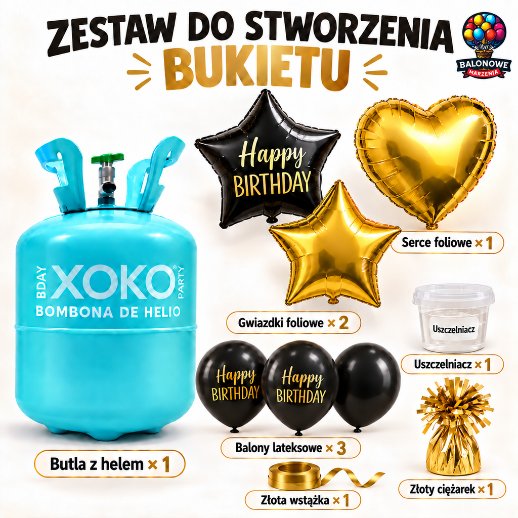 Zestaw DIY „Happy Birthday”: butla z helem + 6 balonów + żel Hi-Float