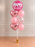 Różowy bukiet balonów z helem Happy Birthday z sercami i balonem z konfetti