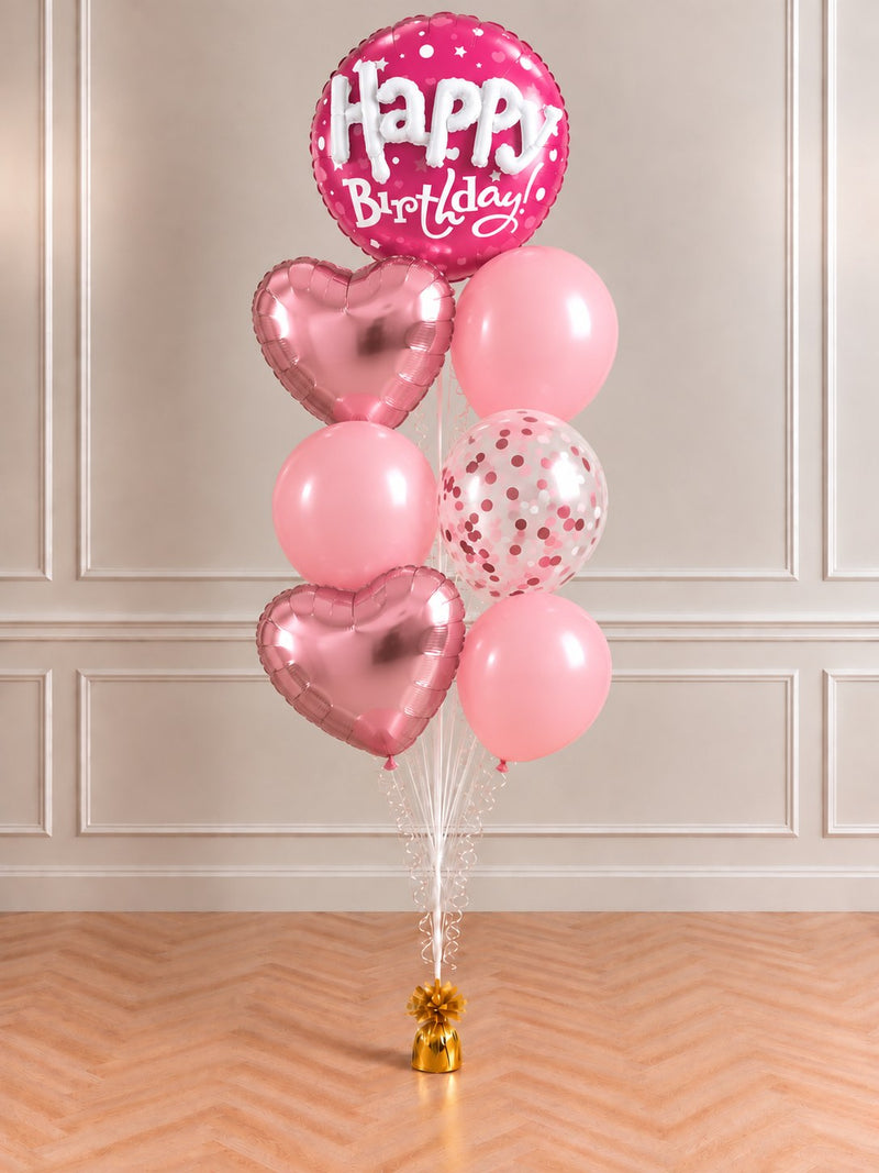 Różowy bukiet balonów z helem Happy Birthday z sercami i balonem z konfetti
