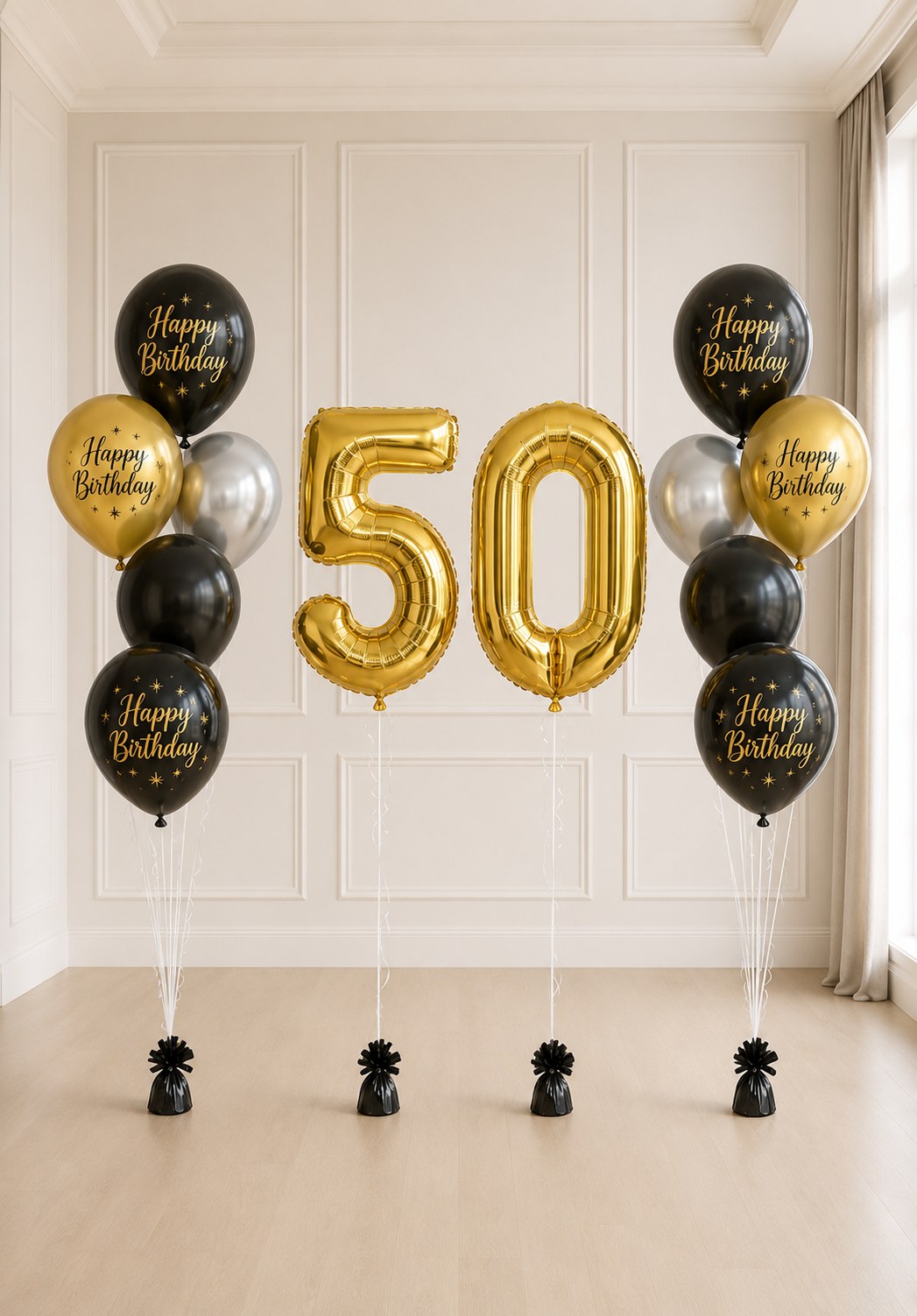 Zestaw balonów na 50. urodziny – złote cyfry 50 i dwa czarno-złote bukiety Happy Birthday